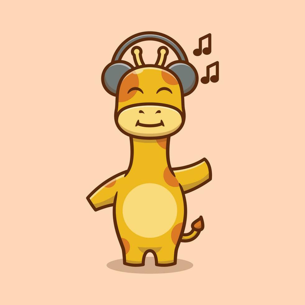 Cute Giraffe Character Listening Music Cartoon Vector Illustration.