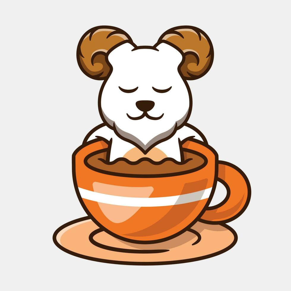 Cute Sheep In A Cup Of Coffee Vector Cartoon Illustration