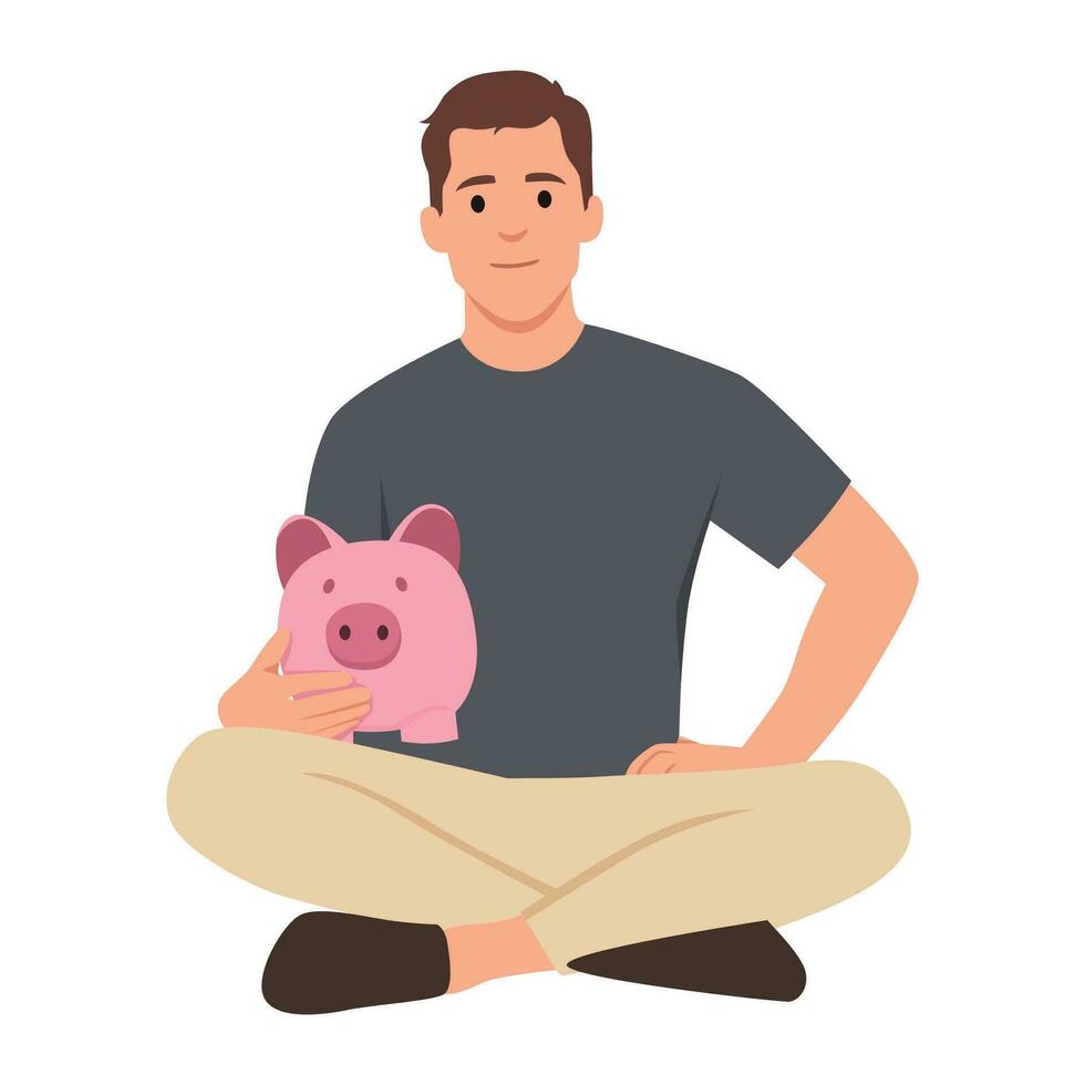 Man holds a piggy bank. Concept of saving finances. vector