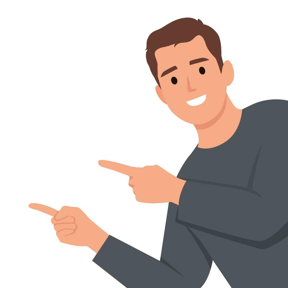 Handsome man showing and pointing fingers at wall and upper left corner with happy expression advices use this copy space vector