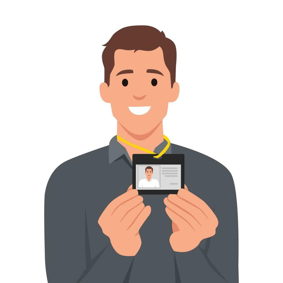 hombre en traje muestra su etiqueta insignia. joven hombre demostración su carné de identidad tarjeta. vector