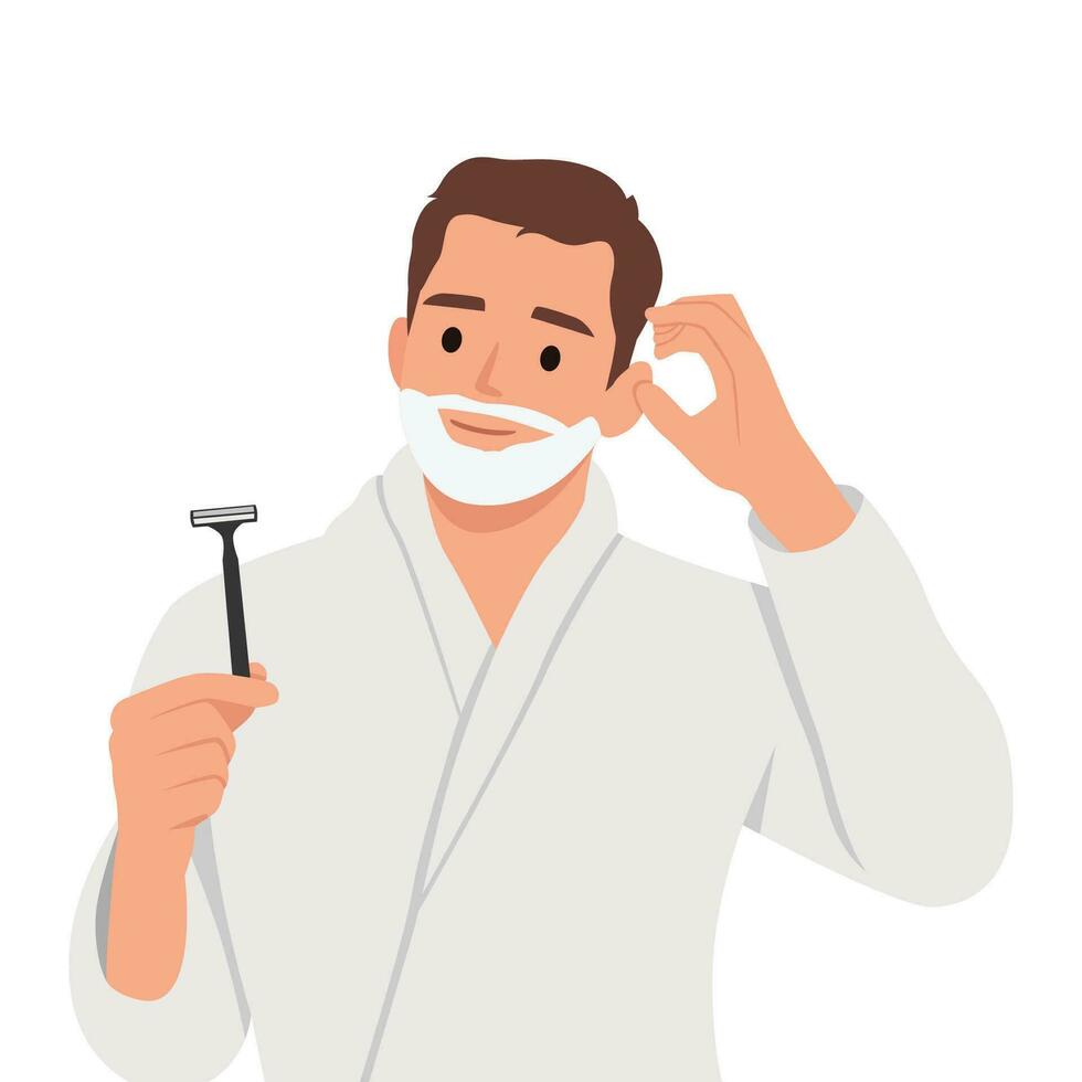 Young handsome man shaving his beard over isolated background having doubts and with confuse face expression. vector