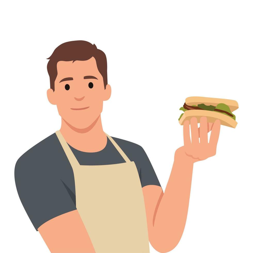 Young chef man holding a sandwich. Man making sandwich. vector