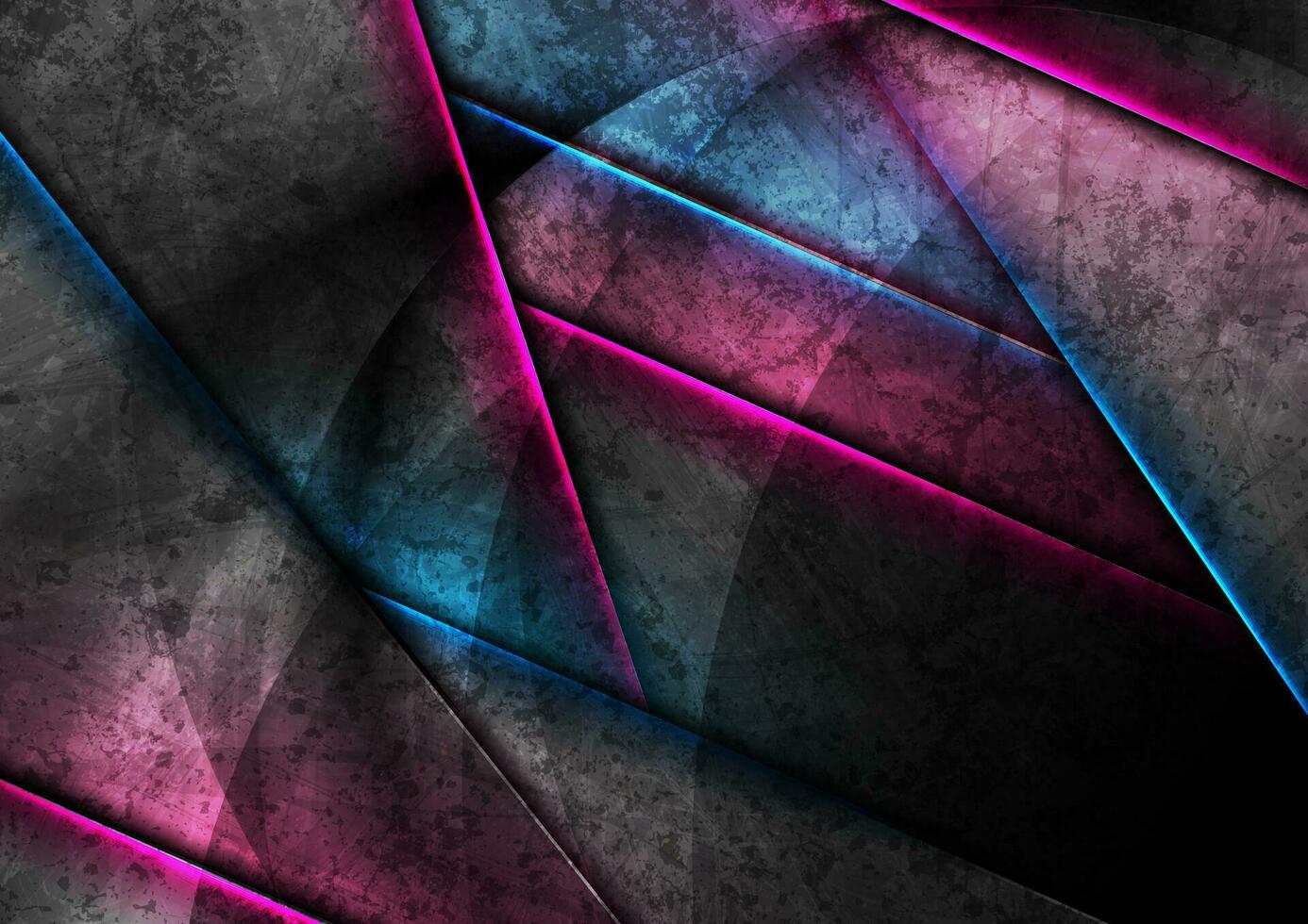 Abstract black grunge background with purple blue neon glowing stripes vector