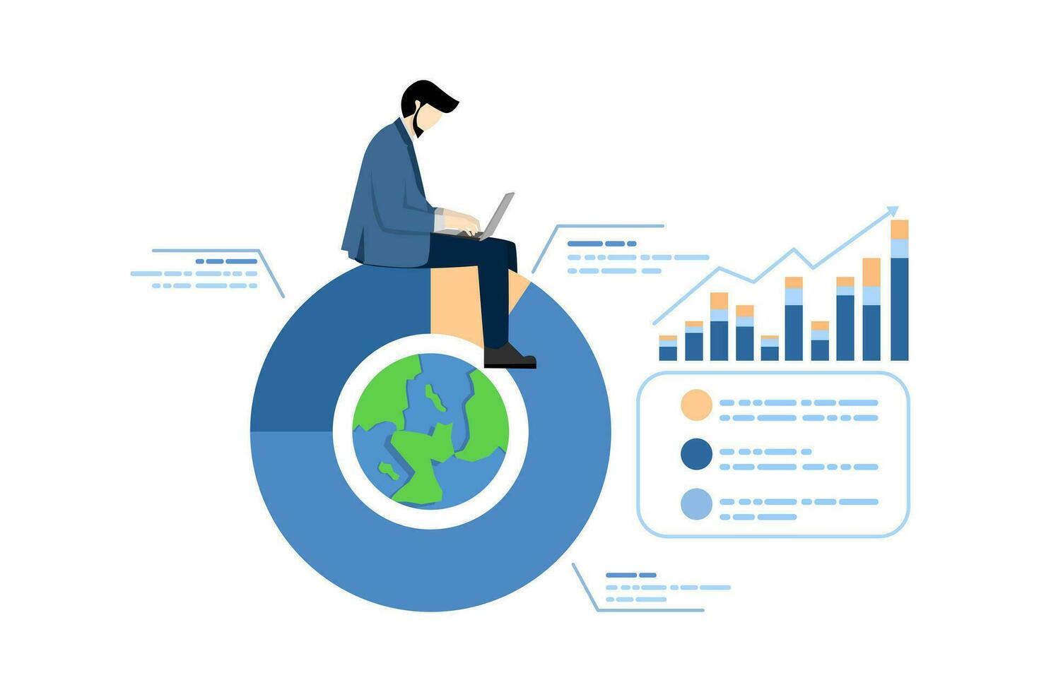 World finance or economy concept, global portfolio asset allocation, world stock market investment, international market share pie chart, businessman working with computer laptop on world pie chart. vector