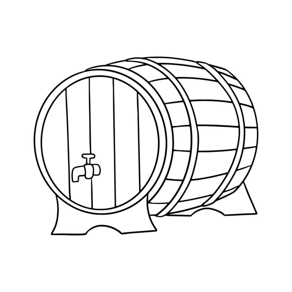 Line wooden barrel isolated on white background. Hand drawn outline vector illustration.