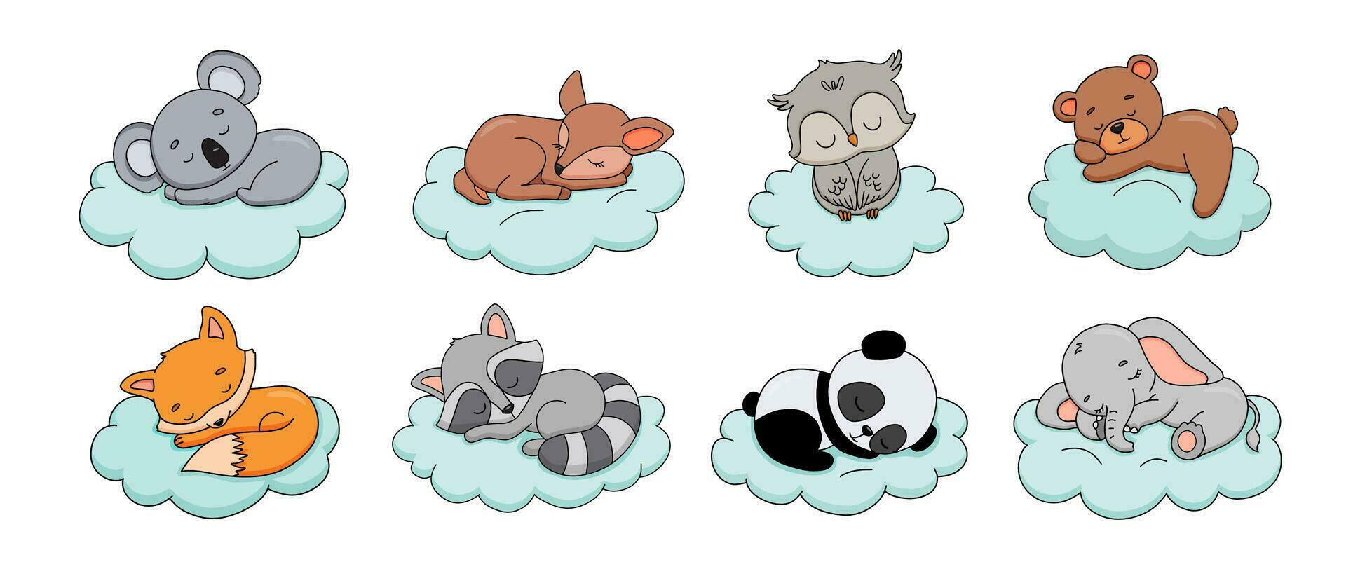 Cute dreaming baby bear on cloud. Cartoon hand drawn vector illustrations set. Baby animal koala, fox, panda, elephant