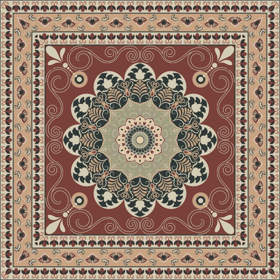Ethnic square rug with flower mandala in warm tones. Indian, aztec, mexican motives.Bandana print. vector