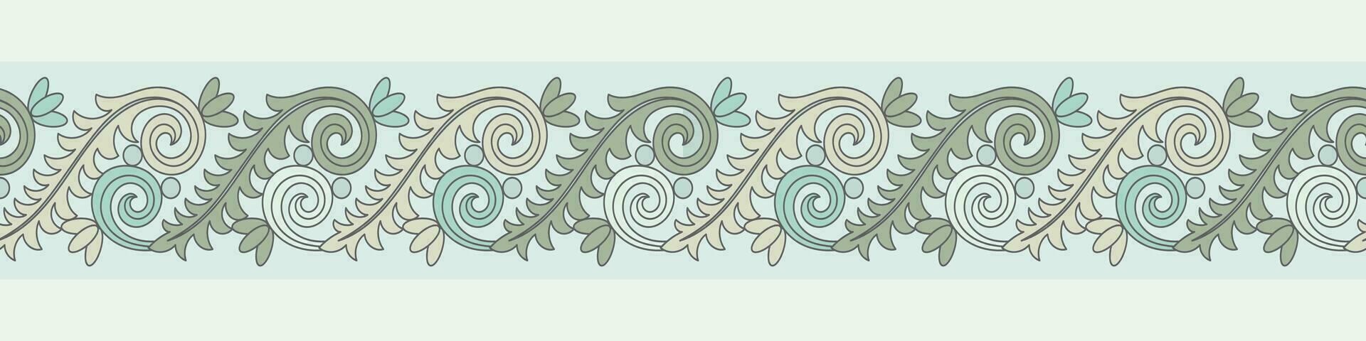 Green rolling flower border, seamless, fabric decorative border. Shirt collar. Carpet vector