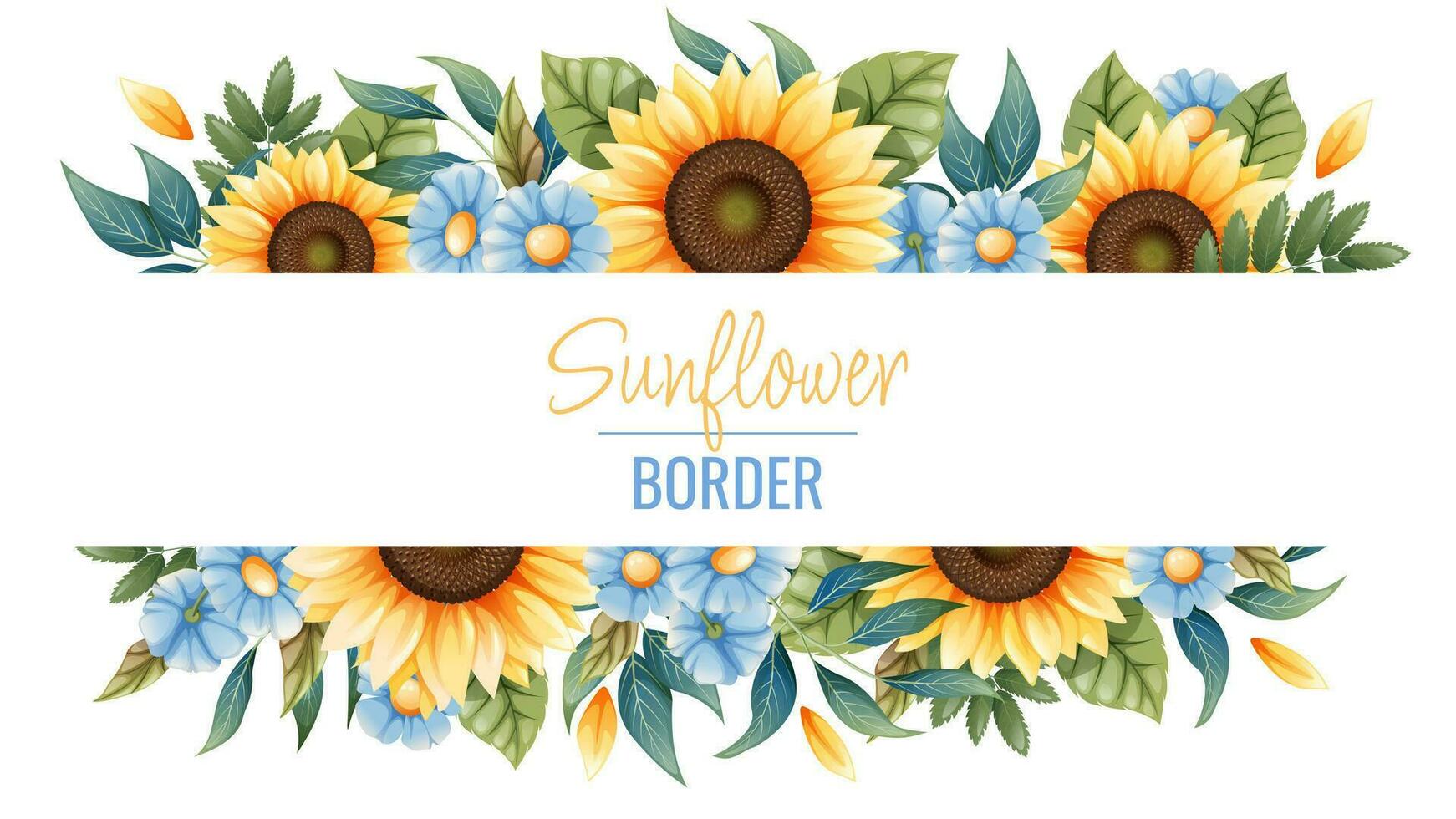 Border template with sunflowers, blue daisies. Frame, banner with autumn wildflowers. Background with botanical elements vector