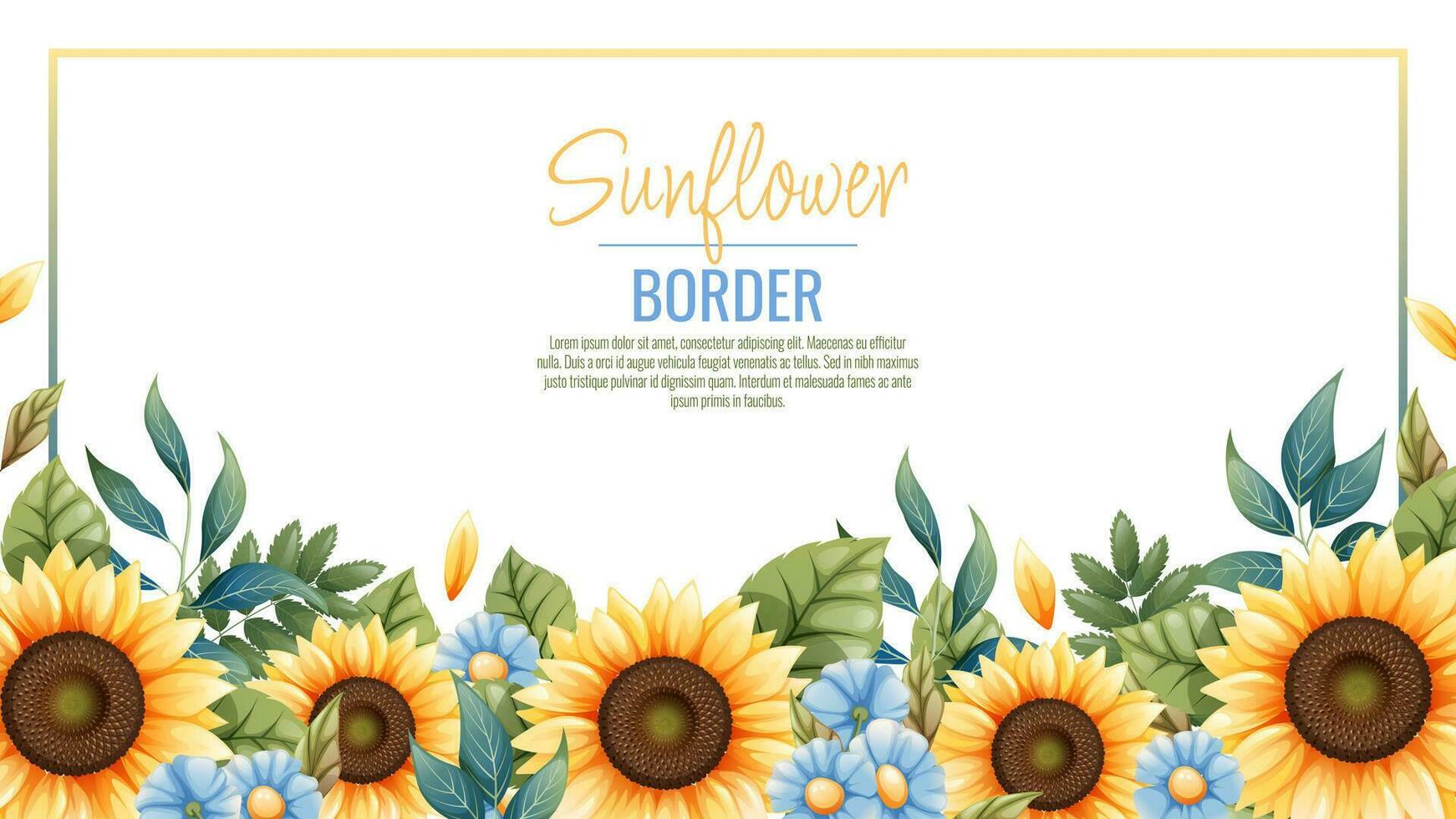 Border template with sunflowers, blue daisies. Frame, banner with autumn wildflowers. Background with botanical elements vector