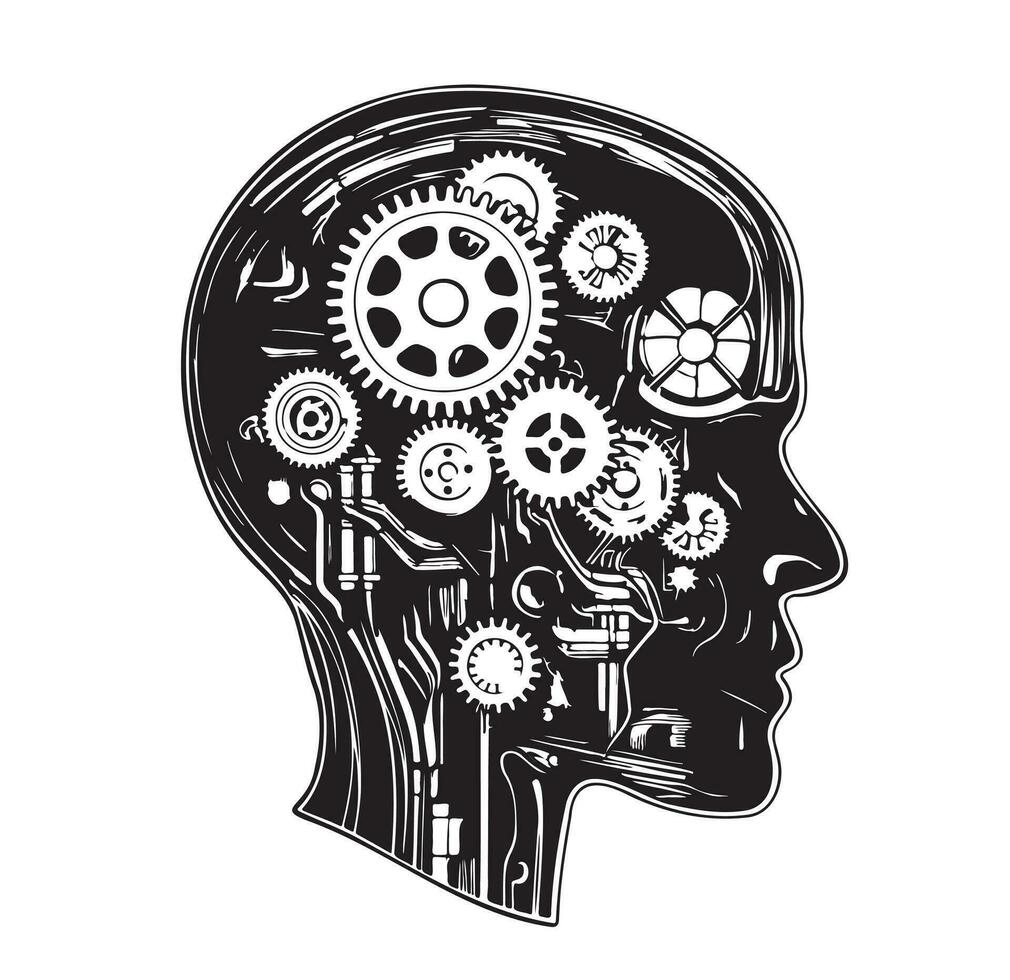Abstract human head robot with mechanism inside hand drawn sketch Vector illustration