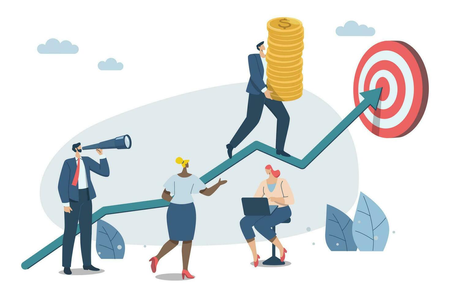 Effective teamwork, career growth, profit, or improvement approaches, career development concept, symbol of teamwork, Businessmen work together to push the arrow graph up. Vector design illustration.