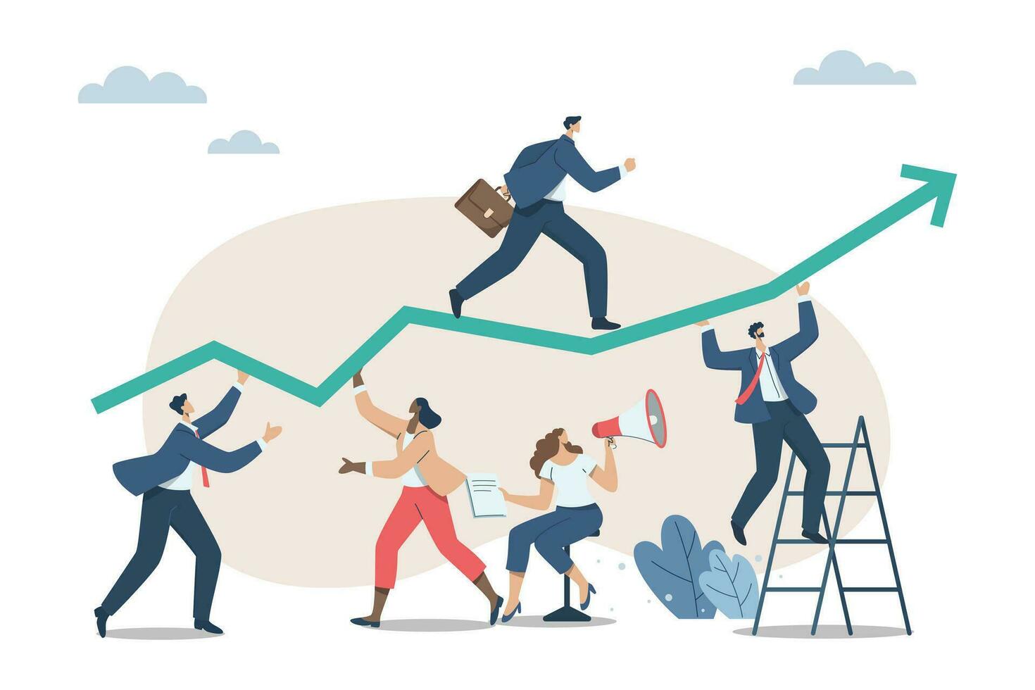 Effective teamwork, career growth, profit, or improvement approaches, career development concept, symbol of teamwork, Businessmen work together to push the arrow graph up. Vector design illustration.