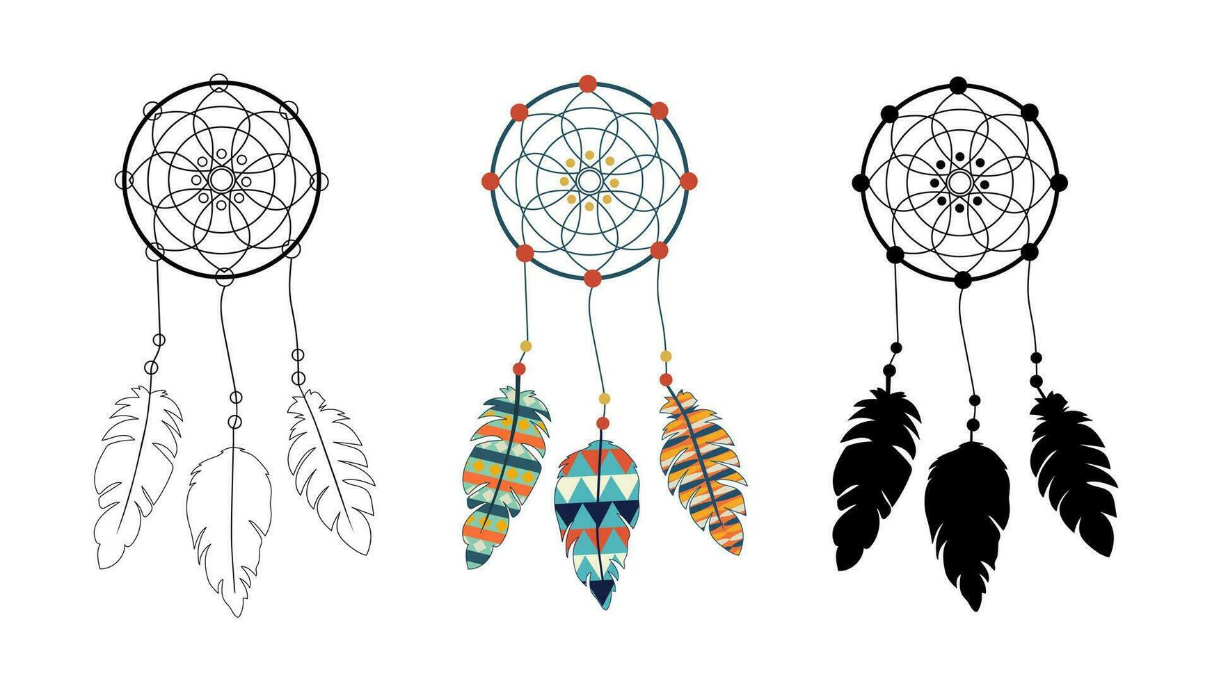 Native American Indian Dream Catchers set. In color, silhouette, outline. Vector isolated on white. Mandala and feathers. Indian culture. Ethnic spiritual talisman. Spiritualism. hippie design print