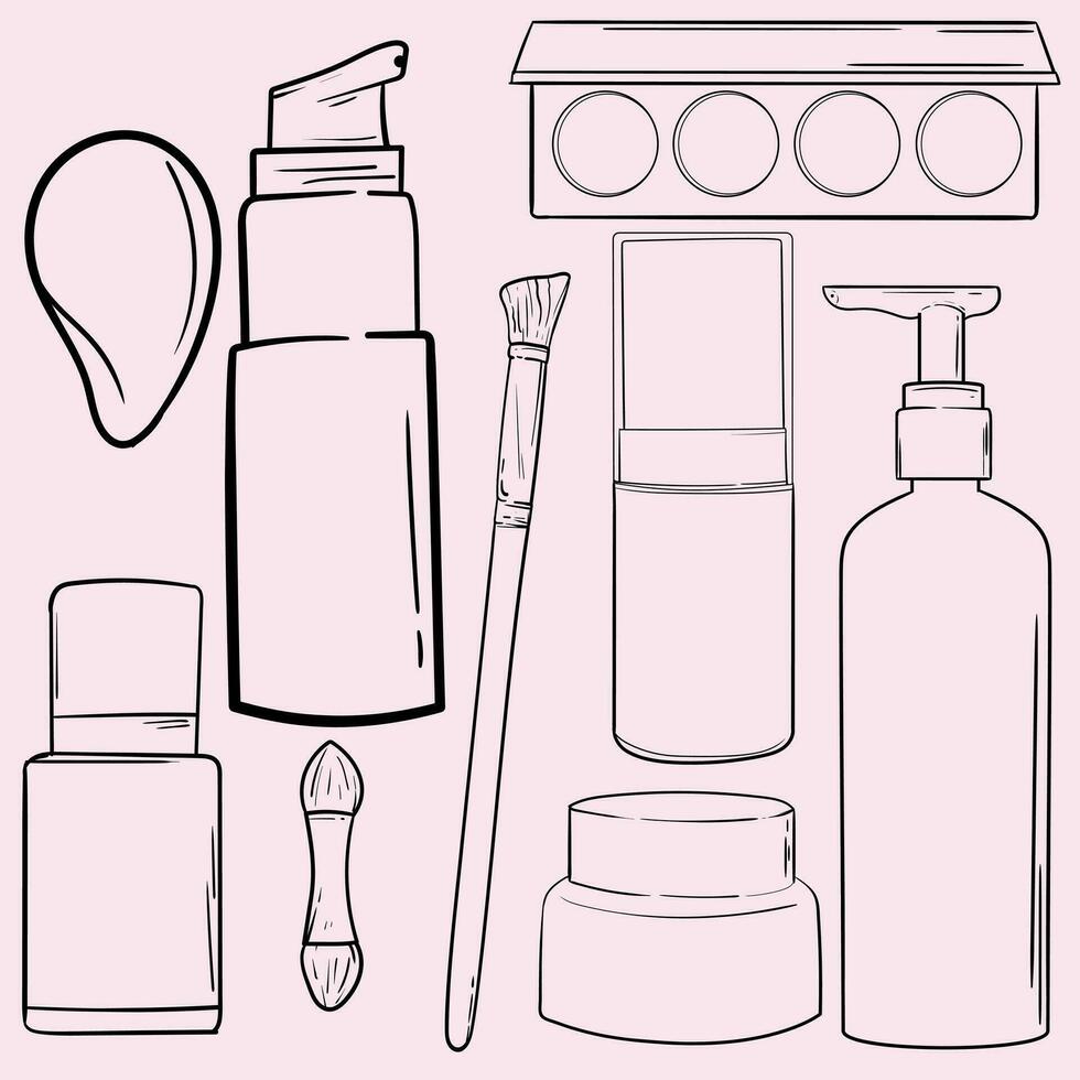 Hand drawn cosmetics products. Collections of skin health and beauty illustrations, spa salon and self care signs. Isolated vector set.