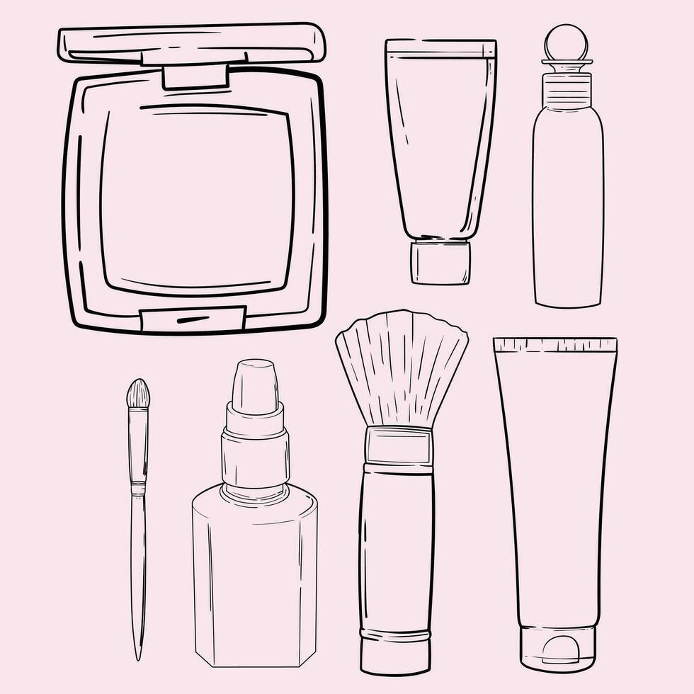 Hand drawn cosmetics products. Collections of skin health and beauty illustrations, spa salon and self care signs. Isolated vector set.