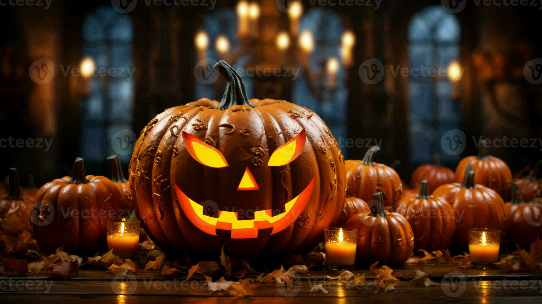 Orange large pumpkin with a carved scary face for Halloween photo