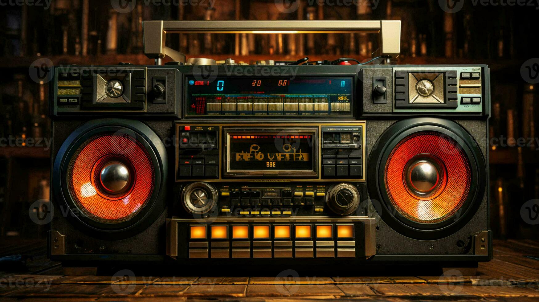 Old stylish vintage audio retro music cassette tape recorder poster from the 80s 90s photo