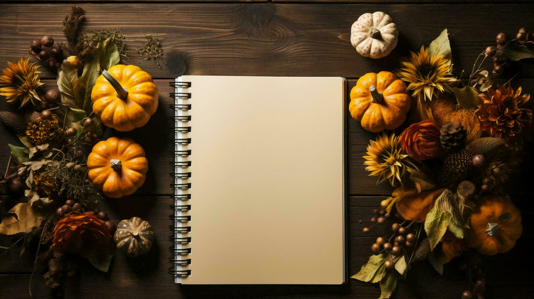 Orange pumpkins lie on a wooden table and a blank notepad with space for text for the holiday Halloween flat lay photo