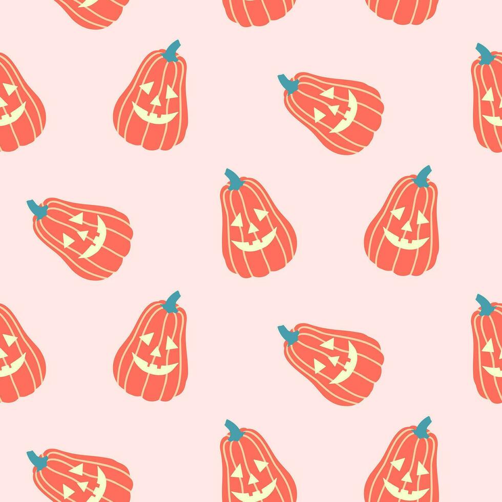 Seamless pattern of Halloween Jack-O -Lantern pumpkins on isolated background. Background in traditional colours for Halloween celebration, textiles, wall papers, wrapping paper, scrapbooking. vector