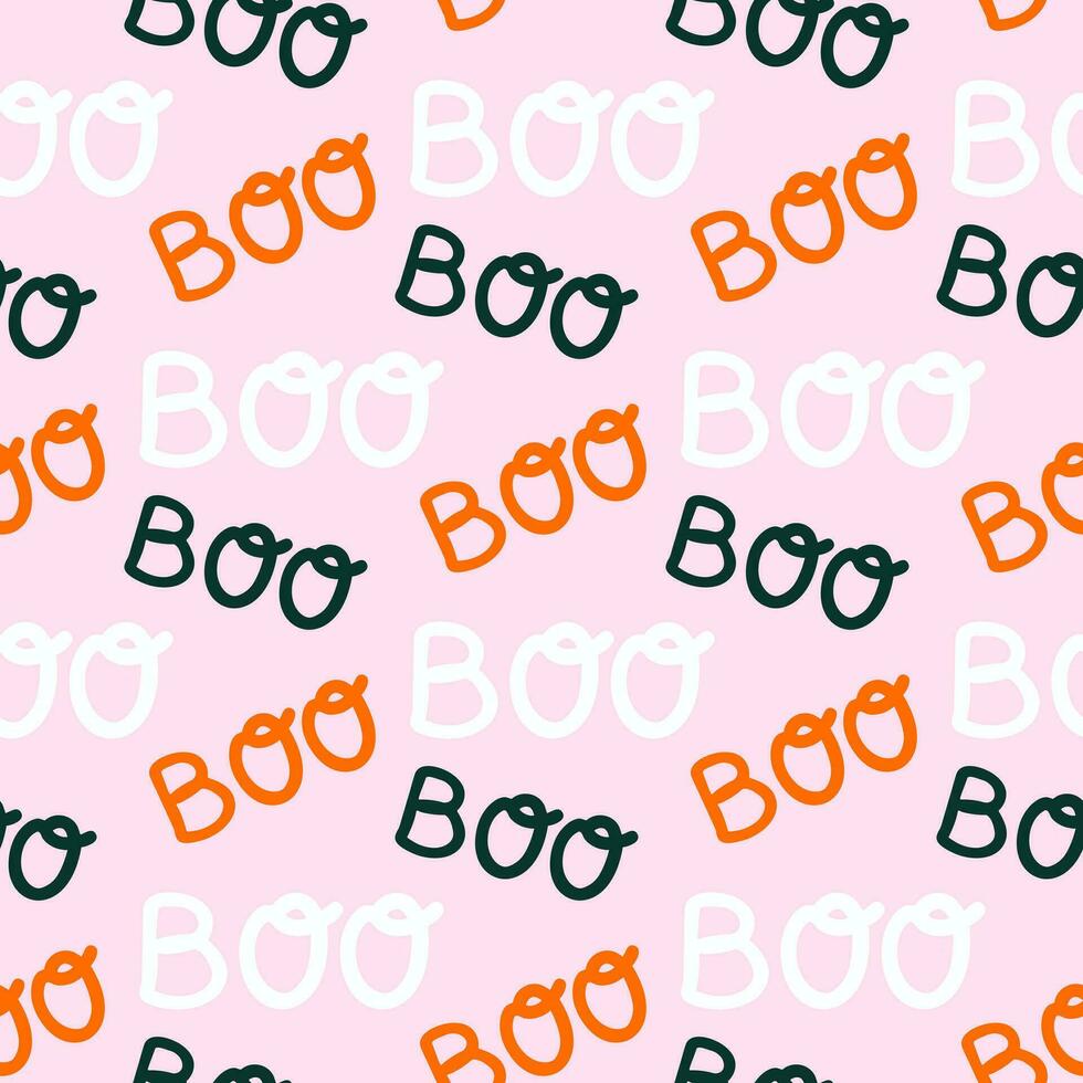 Seamless pattern of Halloween Boo doodle text on isolated background. Background in traditional colours for Halloween celebration, textiles, wall papers, wrapping paper, scrapbooking. vector