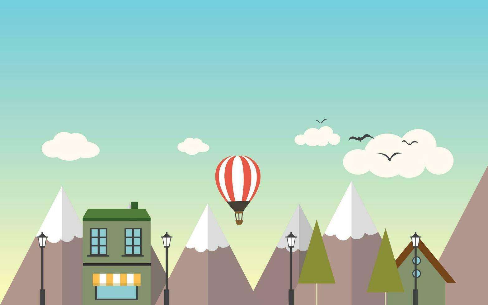 Flat City with Air Balloon Digital Vector Stock Illustration