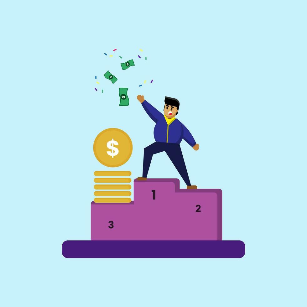 businessman on top of podium with money and coins vector