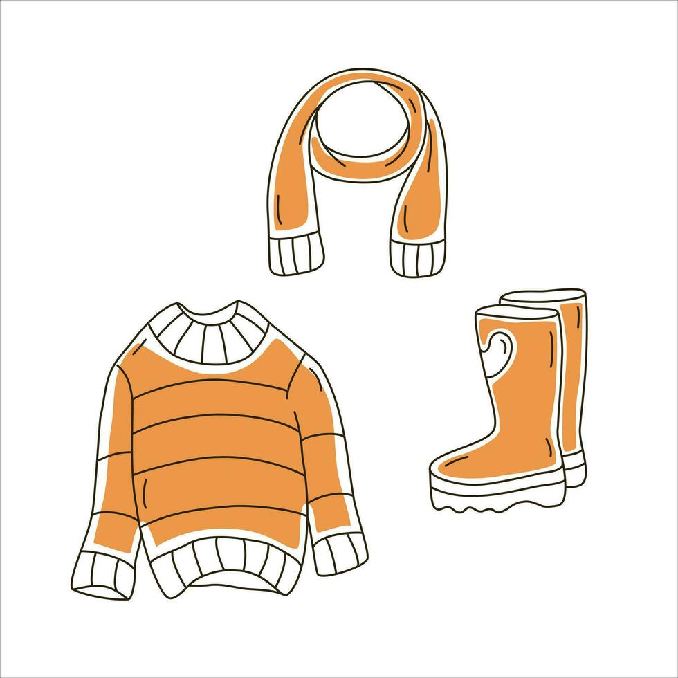 Vector set of three line autumn illustrations of cloths with partial fill.