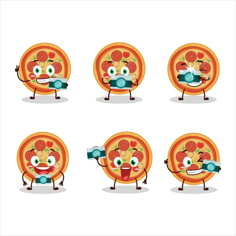Photographer profession emoticon with beef pizza cartoon character vector