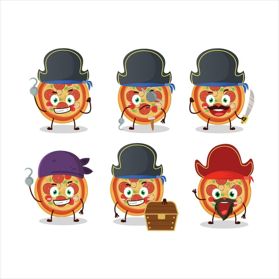 dibujos animados personaje de carne de vaca Pizza con varios piratas emoticones vector