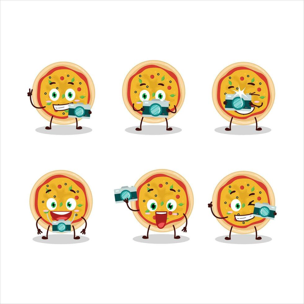 Photographer profession emoticon with greek pizza cartoon character vector