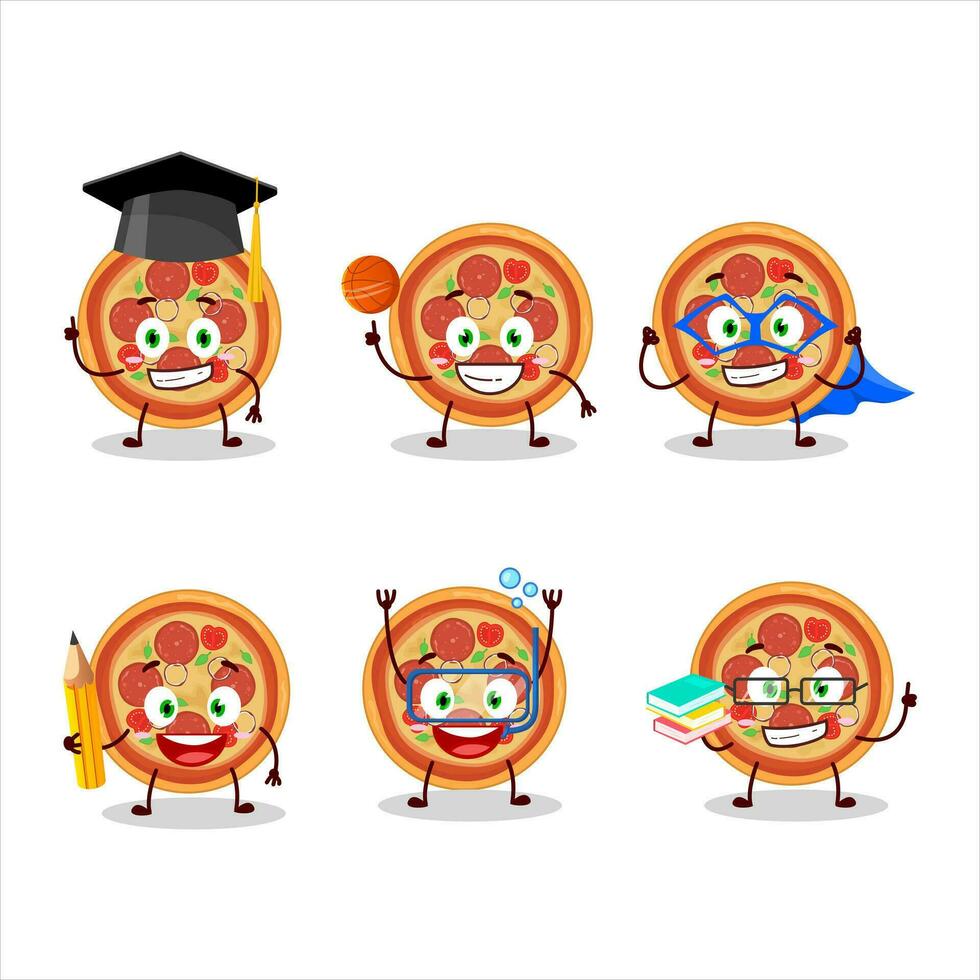 colegio estudiante de carne de vaca Pizza dibujos animados personaje con varios expresiones vector