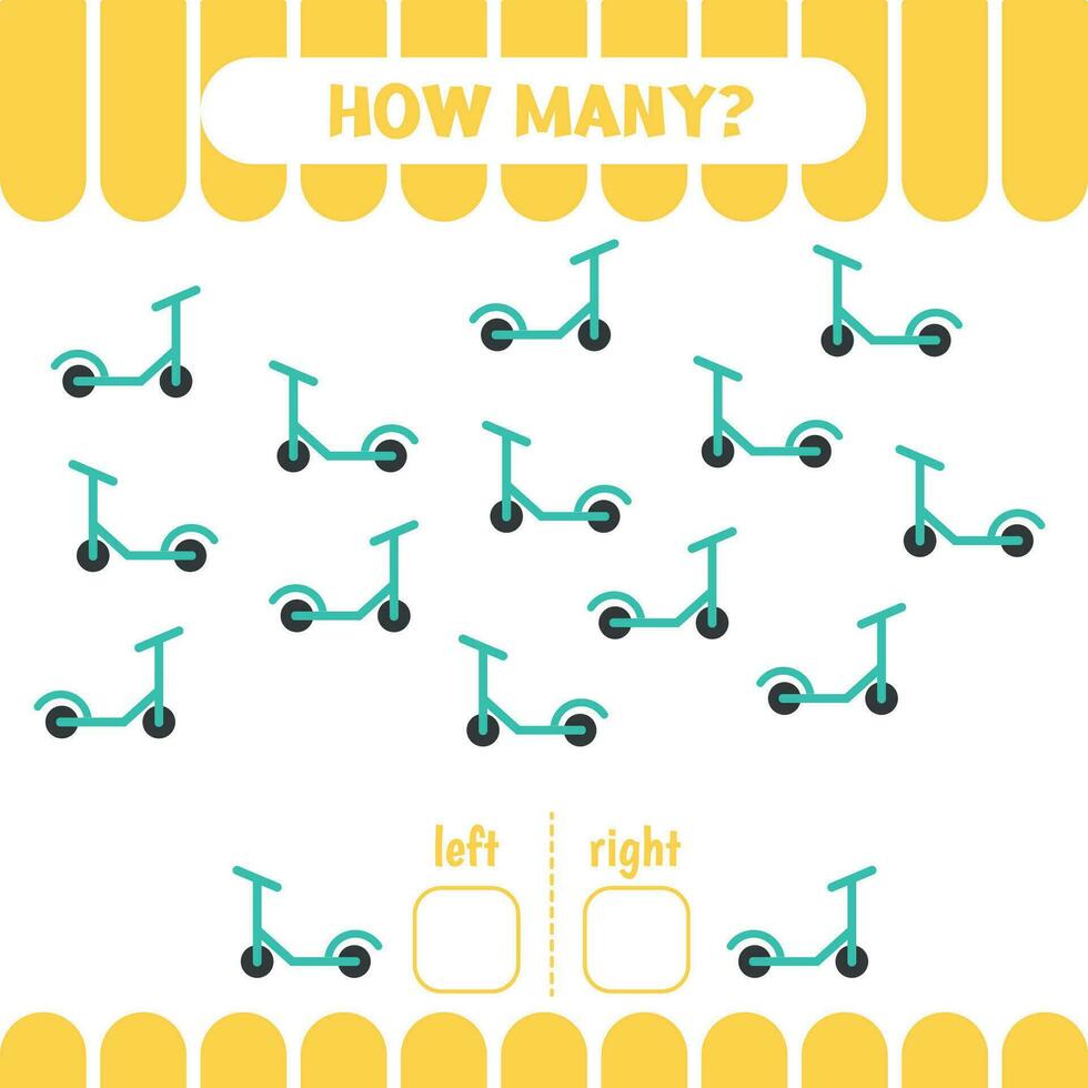 Educational game for preschool children. Maths counting page for kids to learn directions. How many scooters go to the left and to the right. vector