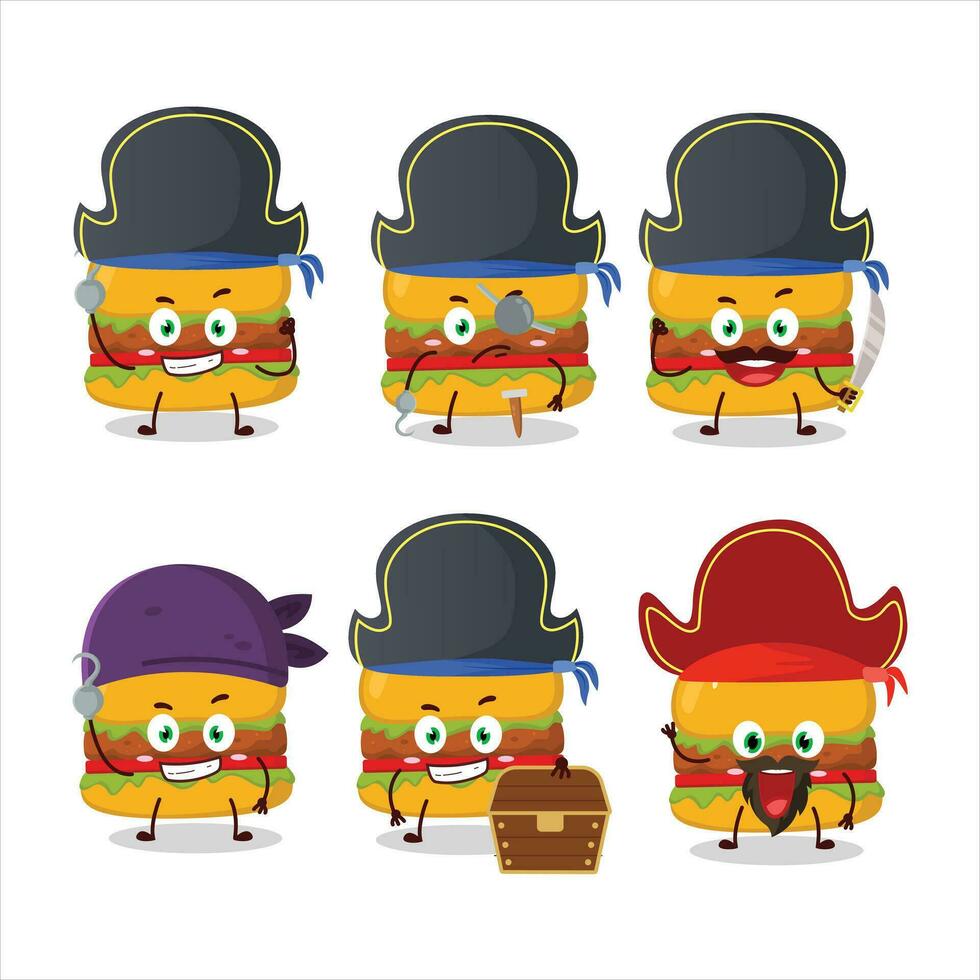 dibujos animados personaje de hamburguesa con varios piratas emoticones vector