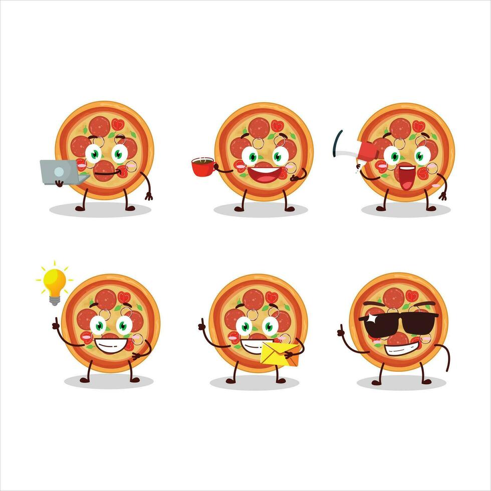 Beef pizza cartoon character with various types of business emoticons vector