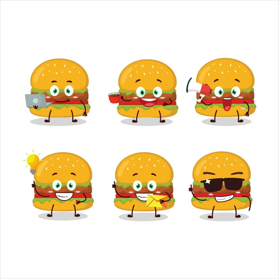 Hamburger cartoon character with various types of business emoticons vector
