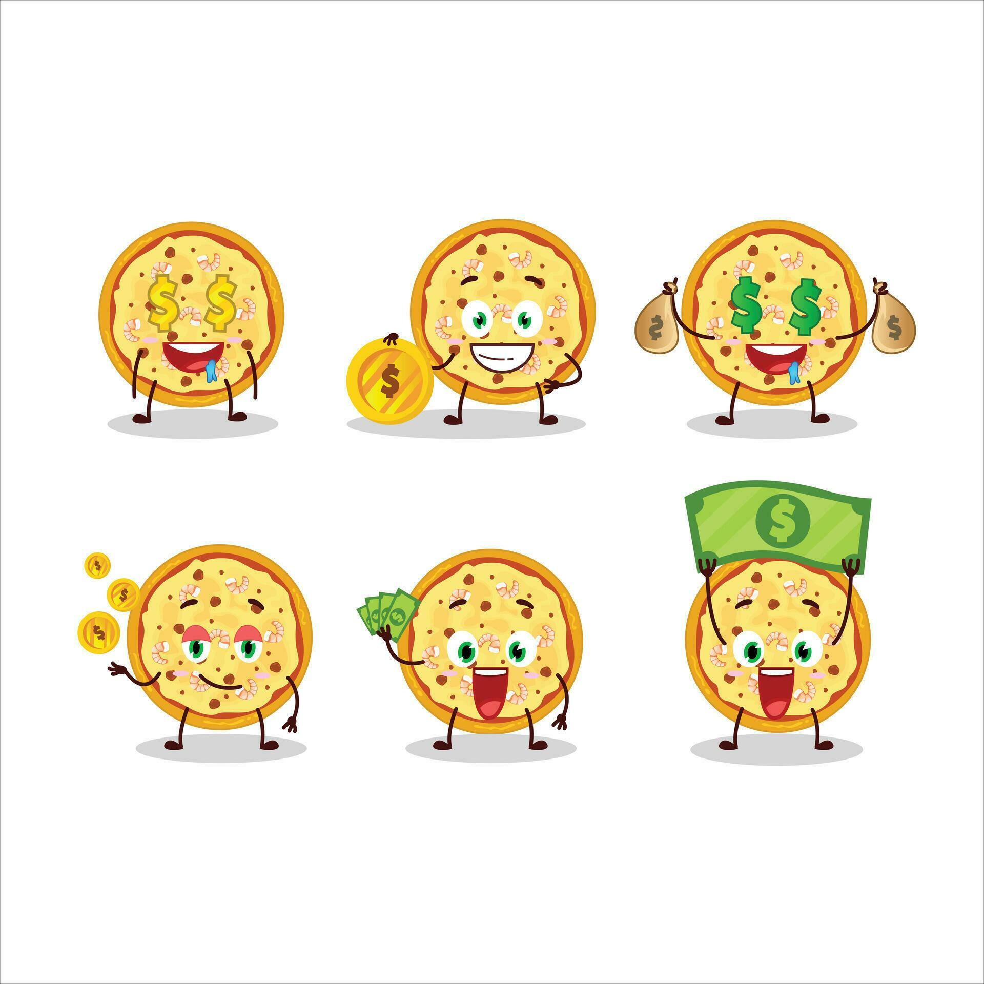 Marinara pizza cartoon character with cute emoticon bring money