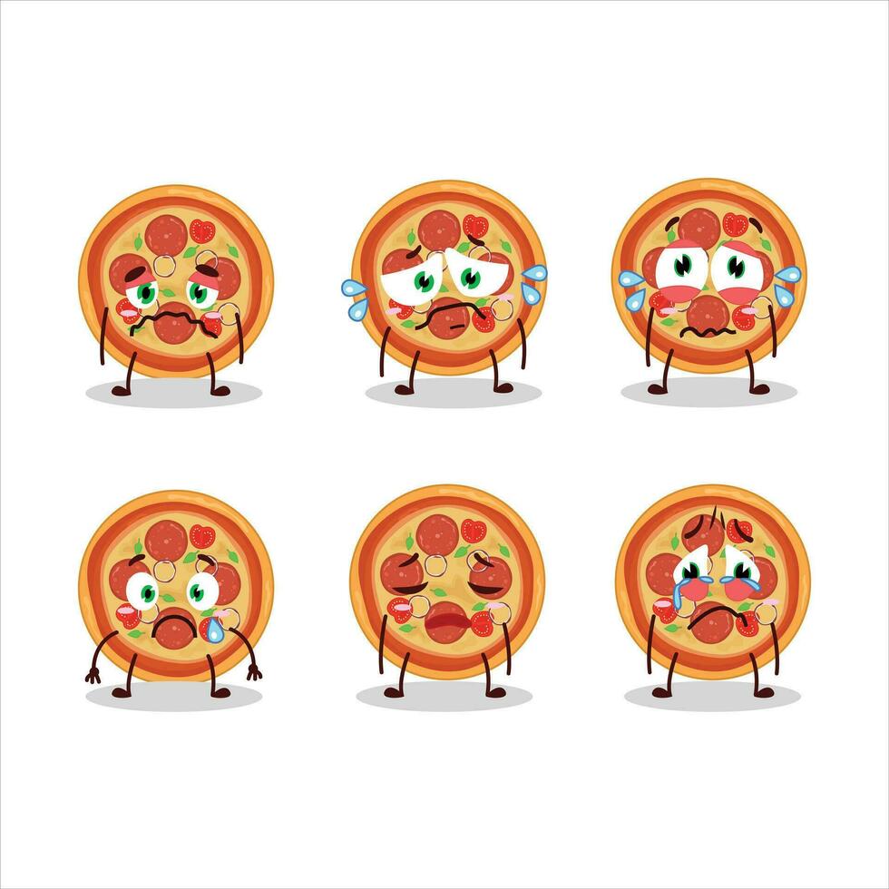 Beef pizza cartoon character with sad expression vector