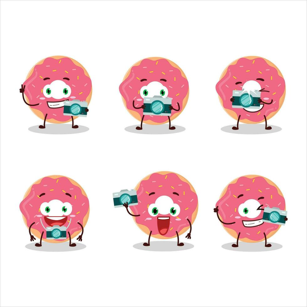 Photographer profession emoticon with strawberry donut cartoon character vector
