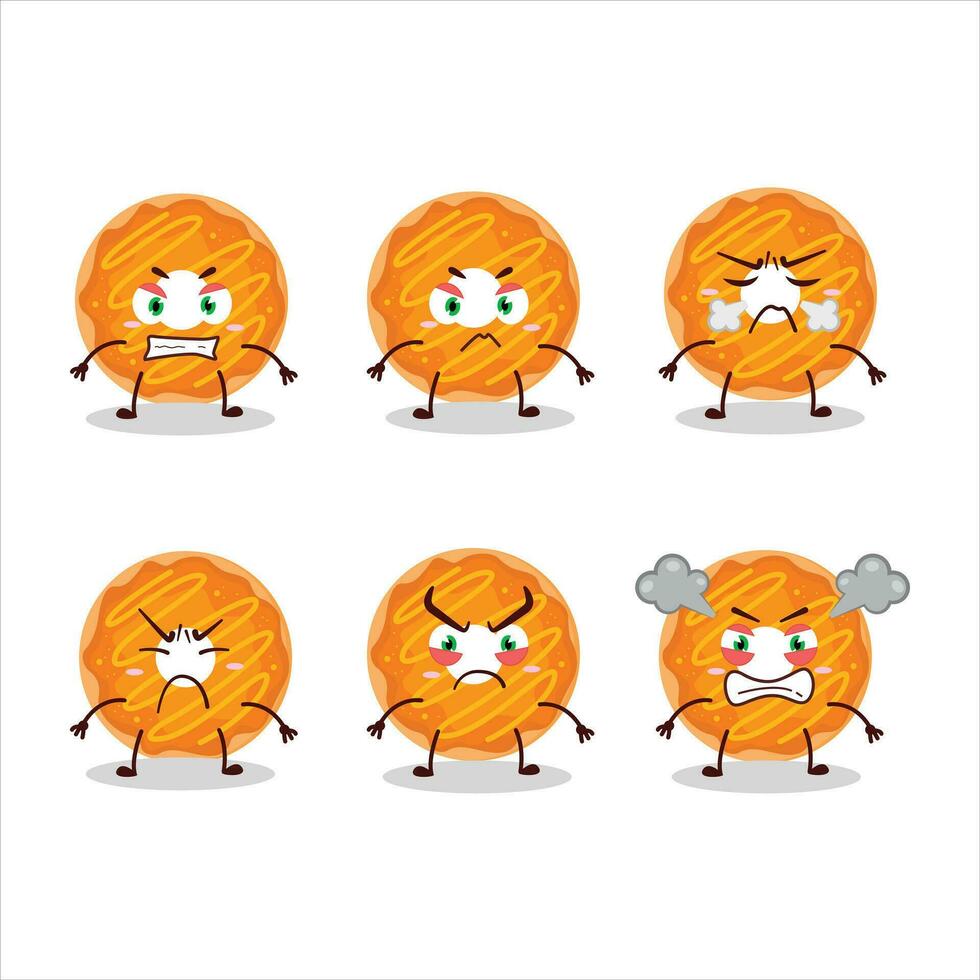 naranja crema rosquilla dibujos animados personaje con varios enojado expresiones vector