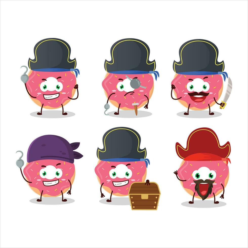 Cartoon character of strawberry donut with various pirates emoticons vector