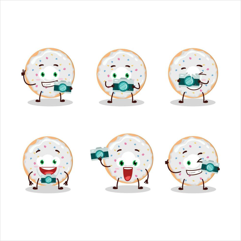 Photographer profession emoticon with vanilla donut cartoon character vector