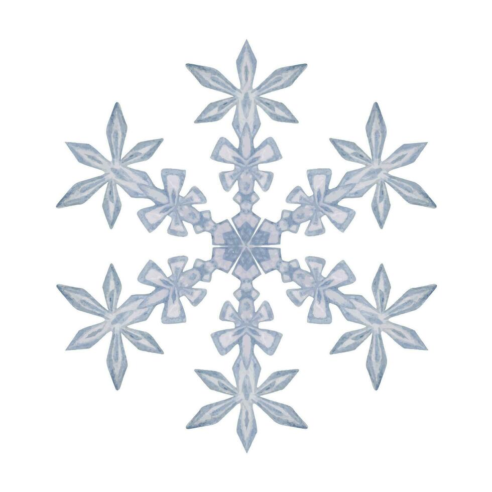 Hand drawn watercolor blue and silver snowflakes, water ice crystal frozen in winter. Illustration, single object isolated on white background. Design for holiday poster, print, website, card, booklet vector