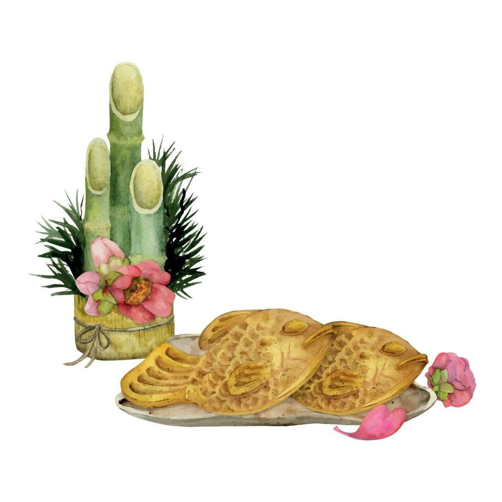 acuarela mano dibujado tradicional japonés dulces cerámico plato, taiyaki, camelia, kadomatsu. aislado en blanco antecedentes. diseño para invitaciones, restaurante menú, saludo tarjetas, imprimir, textil vector