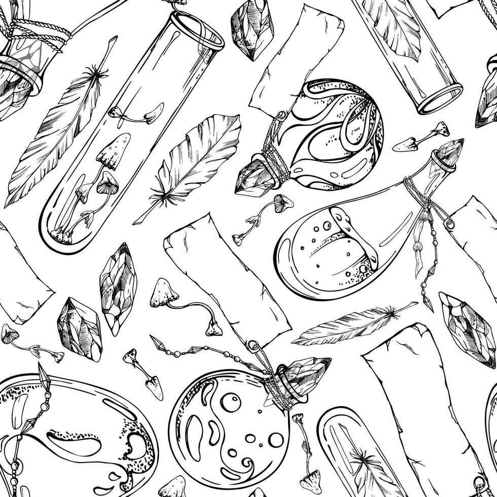 Hand drawn ink vector witch glass potion vials, poison mushrooms, crystals, feathers. Illustration art Halloween occult witchcraft. Seamless pattern. Design shops, logo, print, website, card, booklet