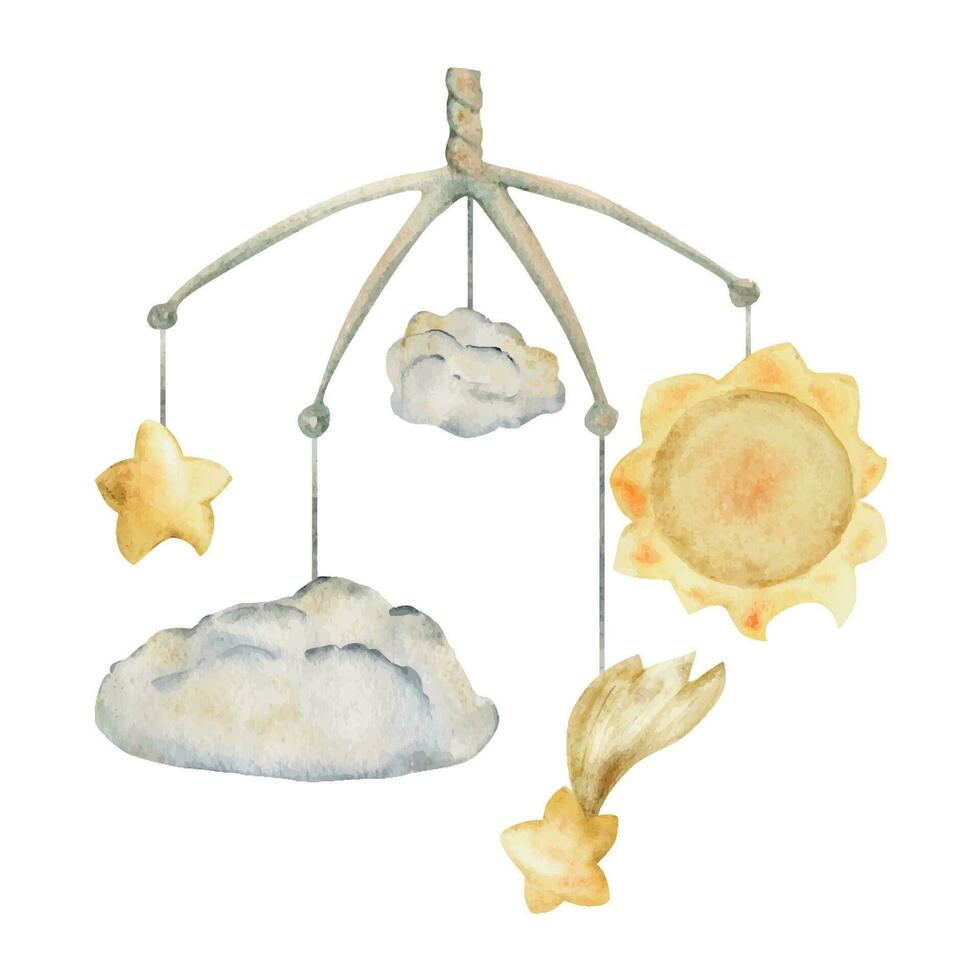 Watercolor hand drawn illustration, mobile design, magical cosmos universe gold stars, comet, clouds, sun. Composition Isolated on white background. Kids, children bedroom, fabric, linens print, card vector