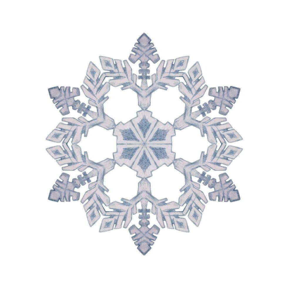 Hand drawn watercolor blue and silver snowflakes, water ice crystal frozen in winter. Illustration, single object isolated on white background. Design for holiday poster, print, website, card, booklet vector