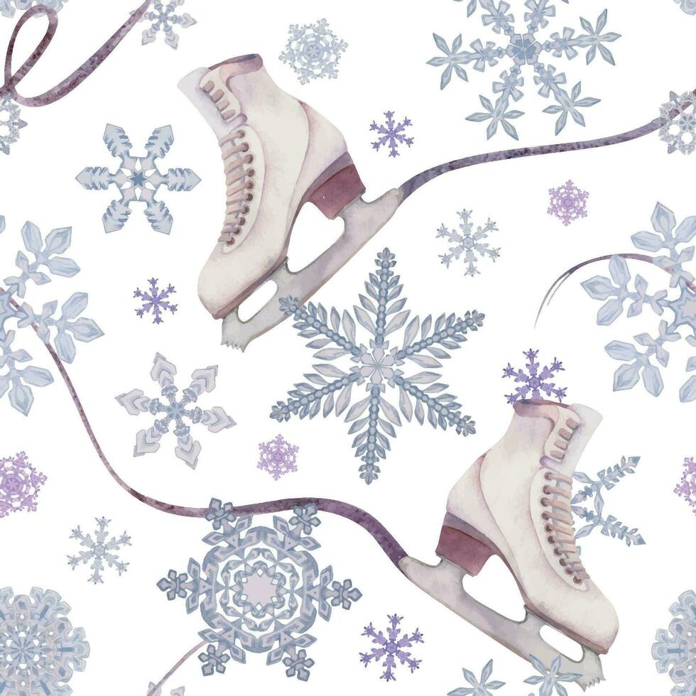 Hand drawn watercolor figure skating boots, winter sports gear, ice trail swirl glitter, snowflakes. Illustration isolated seamless pattern, white background. Design for poster, print, website, card. vector