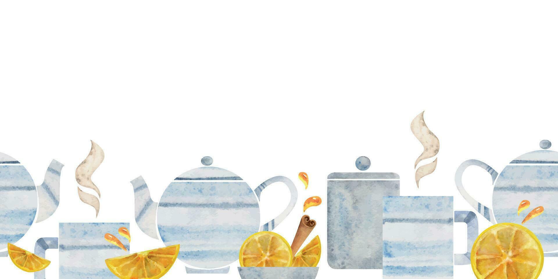 Watercolor hand drawn illustration. Tea pot cups paper bag lemon cinnamon camomile. Seamless banner. Isolated on white background. For invitations, cafe, restaurant food menu, print, website, cards vector